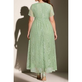 Women's Sage Green Dress Plus Size Formal Wedding Guest Cocktail Wrap V Neck High Low Long Lace Dresses with Belt