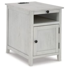 Signature Design by Ashley Treytown Casual Compact Chairside End Table with a Storage Cabinet, Open Cubby Shelf, Pull-Out Tray & USB Charging Ports, Whitewash