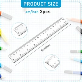 3 Pack 8 Inch Ruler Set Plastic Straight Ruler Transparent Measuring Tool Acrylic Clear Ruler for School Office Student(Transparent)