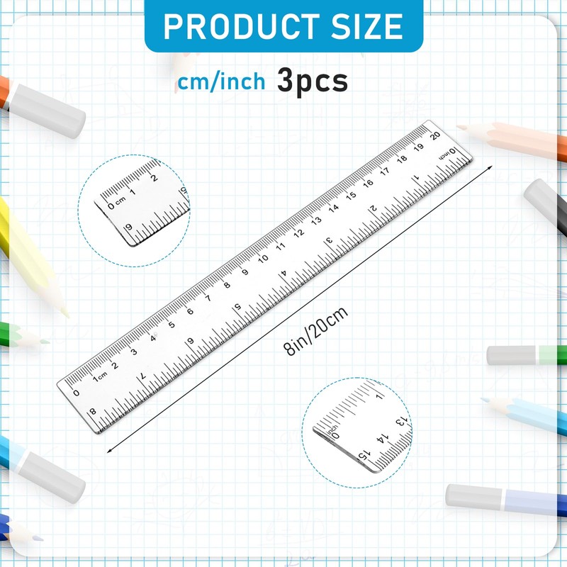 3 Pack 8 Inch Ruler Set Plastic Straight Ruler Transparent