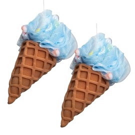 Cait + Co Cute Deep Cleansing Body Pouf Loofa Scrubber for Bath and Shower, Soft Sponge with Mesh, Blue Ice Cream Cone - Pack of 2