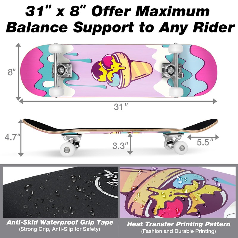 BELEEV Skateboards for Beginners, 31 x 8 inch Complete Skateboard