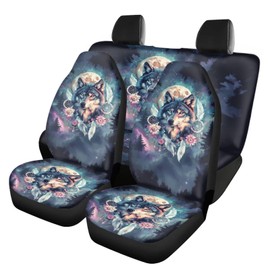 ZIATUBLES 4 Pcs Car Seat Covers for Front & Rear Stretchy Auto Interior Seat Protector Floral Wolf Vintage Forest Print Non-Slip Vehicle Seat Cover Automotive Accessories