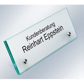Sindutec® Table Stand, Name Plate 200 x 70 mm ESG Safety Glass 2 Panels of 4 mm Stainless Steel Feet Also with Printing Service for Laser Film Inserts (Laser Film Decor "Frost" 4 Colour Printed)
