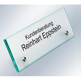 Sindutec® Table Stand, Name Plate 200 x 70 mm ESG Safety Glass 2 Panels of 4 mm Stainless Steel Feet Also with Printing Service for Laser Film Inserts (Laser Film Decor "Frost" 4 Colour Printed)