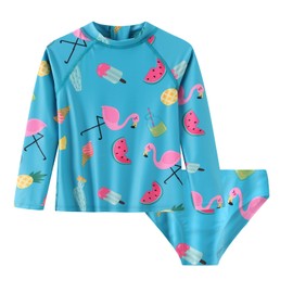 Toddler Girls Rash Guard Set for Girls Long Sleeve Swimsuits with Bikini Bottom UPF 50+ Two Piece Swim Set Flamingo Blue 3T