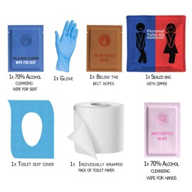 Public Restroom Kit: Pack of On-The-Go Bathroom Kits with Toilet Paper for Travel - Public Toilet Survival Kit Including Gloves, Wipes, Seat Covers in Zip Top Bag (1)