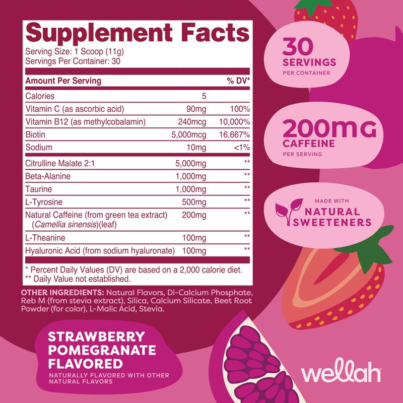 Wellah Get-Going Pre-Workout Drink Mix (Strawberry Pomegranate Flavored, 30 Servings)