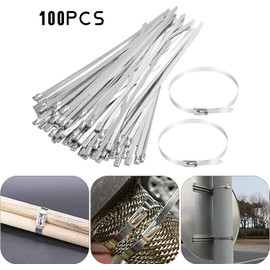 Pack of 100 Metal Cable Ties, Self-Locking Cable Ties, Metal, Long Steel Tape, Heat Protection Tape, Exhaust Tape, 200 x 4.6 mm Stainless Steel Cable Ties, Long, for Workshop, Office, Home