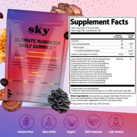SKY NUTRITION Mushroom Gummies - 10-in-1 Advanced Complex w/Lions Mane, Reishi, Cordyceps, Turkey Tail - Focus & Brain Support - Raspberry Flavored 60 Vegan Lions Mane Mushroom Gummies for Adults