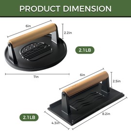 XUDAKAIXIN Cast Iron Smash Burger Press (2PCS),Grill Bacon Meat Press Tool,Perfect for Blackstone, Camp Chef, Weber Grills & Indoor Griddles – BBQ & Cookout Must-Have (Round & Rectangle -Grooved)