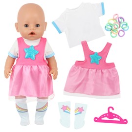 Xerteam 5 Pcs Sweet Baby Doll Clothes, 14-18inch Doll Outfits, 35-45cm Star Sports Style Doll Clothes with Top Suspender Skirt Hanger Socks Hair Bands, Girls Boys Children's Day Birthday Gifts
