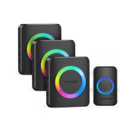 TECKNET Wireless Doorbell, IP65 Waterproof Outdoor Wireless Bell, 400 m Range, Wireless Bell Set with 3 Plug-In Receivers and 1 Transmitter, Front Door Bell with 60 Melodies and RGB Light