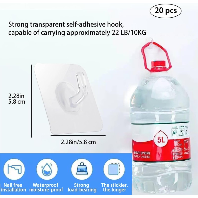 Sndperiexam 20 Pcs Waterproof Adhesive Wall Hooks for Hanging, Clear