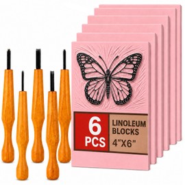 5 Pcs Linocut Carving Tools Plus 6 Pcs 4"x6" Soft Rubber Linoleum Blocks for Printmaking Stamp Carving Wood Linocut Tools V-Shaped Chisels for Beginner Artist Block Printing Craft