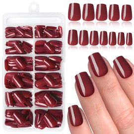 LoveOurHome 288pc Coffin Press on Nails Short Fake Nails with Glue Tabs, Burgundy Glue on Nails Press on Nails Women Acrylic Nails XS Coffin Fake Nails Short False Nails Girls Kids Red Fingernails
