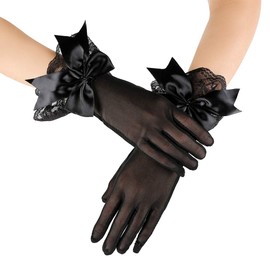 JISEN Women Party Bow Lace Elegant with Wrist Ruffle Bridal Wedding Gloves 11 Inch Black