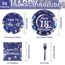 96Pcs Blue Sliver 18th Birthday Party Plates Disposable 350GSM Time To Adult 18 Years Old Birthday Party Tableware Set 18th Birthday Decorations for Boys Girls Happy18th Birthday Party, Serves 24