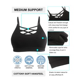RELLECIGA Women's Black Criss-Cross Front Workout Padded Yoga Bra Sports Tops Size X-Large