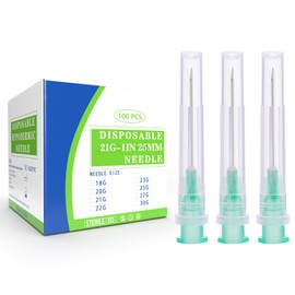 100 Pack 21 Gauge 1 Inch Needle 25mm with Cap, 21 Ga Disposable Needles for Industrial, Scientific Labs, Individually Wrapped