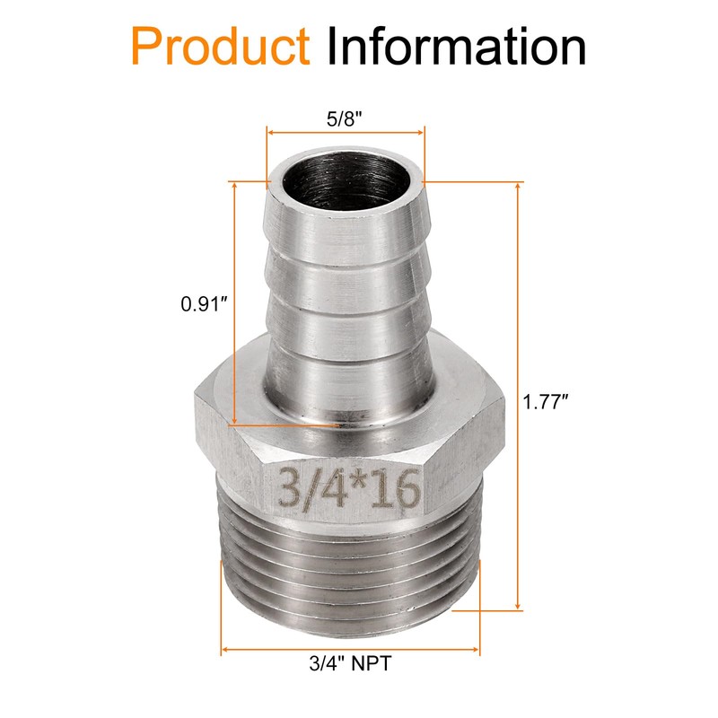 sourcing map Stainless Steel Barbed Fitting 3/4" NPT Male to