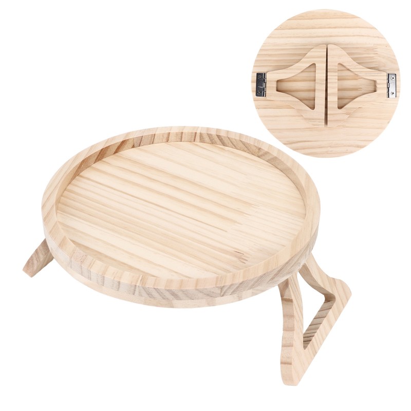 Clip On Tray Natural Bamboo 9.8in Round Home Couch Sofa
