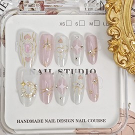 30Pcs Cute Bow Press on Nails Medium Almond Fake Nails Sun Star Heart with Rhinestones Glitter Designs Full Cover Pink Cat Stick on Nails Stars False Nails for Women Girls Artificial Acrylic Nails