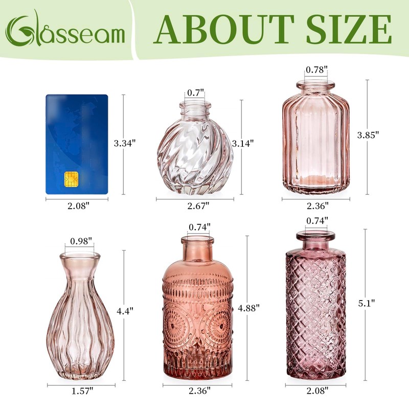 Glasseam Glass Bud Vases for Centerpieces, 10Pcs Pink Small Flower