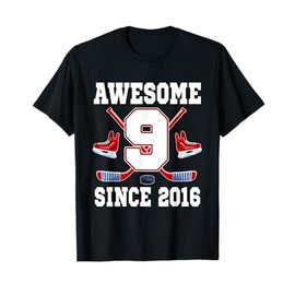 9 Year Old Birthday Ice Hockey Theme Awesome Since 2016 T-Shirt