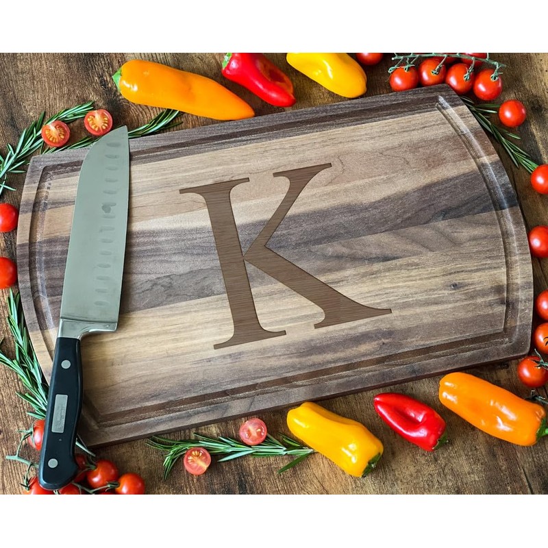 Initial K Engraved Dark Walnut Cutting Board for Luxury Kitchen