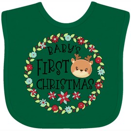 inktastic Baby's First Christmas with Reindeer Baby Bib Green 444af