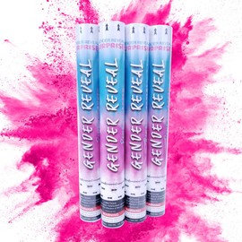 Gender Reveal Surprise Powder Cannons Bundle, 16 Inch, Non-Toxic, 4 Pink Powder Dispensers Plus 8 Free Gender Reveal Party Balloons Decorations
