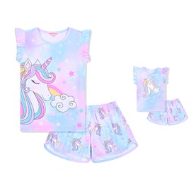 Unicorn Pajama Sets Matching 18-inch Dolls&Girls Pjs Starry Tie Dye Night Shirts Sleepwear Outfit,Size 8 9