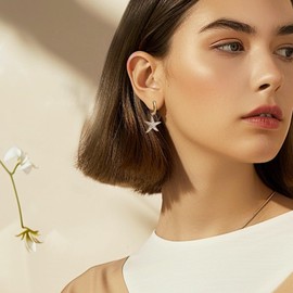 Frigotine Gold Starfish Dangle Drop Ocean Earrings for Women, Cute Statement Cubic Zicronia Star Huggie Hoop Earing Summer Beach Jewelry Gift