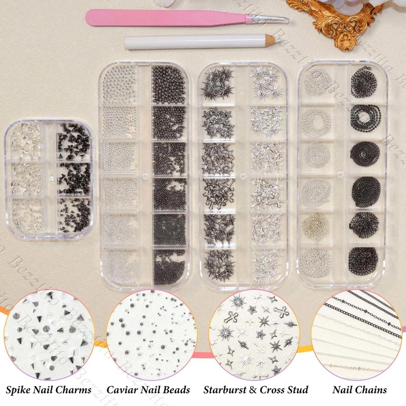 Goth Spike & Starburst Cross Nail Studs, Black Silver Beads