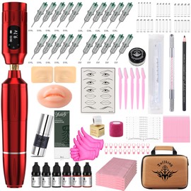 Eyebrow Microblading Tattoo Gun Kit - Professional Tattoo Pen & Brow Pencil Set for Microblading Supply, Semi-Permanent Makeup Tattoo Machine with 50Pcs Needles, for Artists Starter (Red, TP29)
