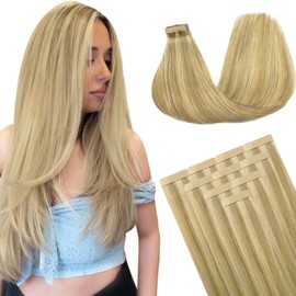 DOORES Human Hair Extensions Tape in, Balayage Light Blonde Highlighted Golden Blonde 22 Inch 30g 10pcs, Tape in Hair Extensions Straight Real Natural Hair Extensions