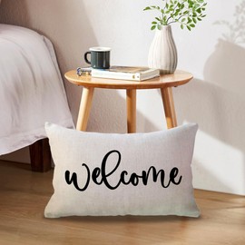 ULOVE LOVE YOURSELF Welcome Lumbar Throw Pillow Covers Farmhouse Rustic Decorative Rectangular/Waist Pillowcases 12 x 20 Inch Front Porch Decor Cushion Covers Housewarming Gifts (Beige)