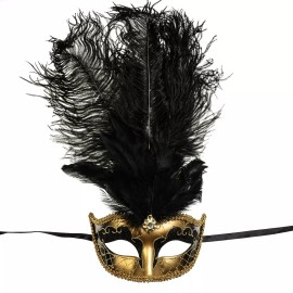 GIFTSHOP101 Tall Feather Venetian Mask for Women in Gold Black for Masquerade