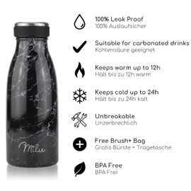 Milu Stainless Steel Drinking Bottle 350 ml, 500 ml, 750 ml, 1 L, 1.5 L - Thermos Flask for Children Adults Leak-Proof Insulated Flask Suitable for Carbonated Drinks - Includes Cleaning Brush