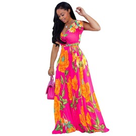 Nuofengkudu Womens Chiffon Deep V-Neck Stripe Printed Maxi Dress Unique Loose Summer Boho Dresses High Waisted (Rose) S