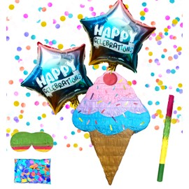 Ice Cream Pinatas, Fun Ice Cream Cone Shaped Design for Kids Birthdays,Summer Candy Themes, Girls Baby Showers & Beach Weddings, Party Supplies & Decorations Includes Busterstick, Blindfold, Confetti