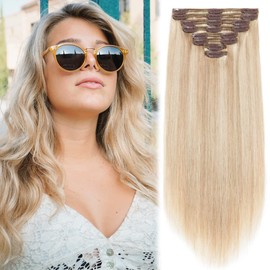 MY-LADY Clip in Hair Extensions Human Hair Thick 160g 22 Inch Double Weft 100% Real Remy Human Hair for Women Silky Straight 8pcs Full Head Balayage Ash Blonde & Bleach Blonde