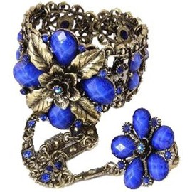 Generic Fashion Jewelry ~ Burnished Goldtone Metal and Acrylic Blue Flower Hand Chain Cuff Bracelet Ring (Bracelet Ring Combo BAS003-BLU)
