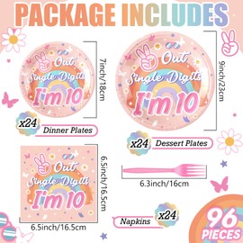 Yungyan 96 Pcs 10th Birthday Decorations for Girl Tableware Peace Out Single Digits Party Decor Double Digits Birthday Plates Napkin Fork Set Peace out Single Digits Plates and Napkins for 24 Guests