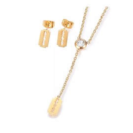 Unbranded Stainless Steel Set Earrings Pendant Necklace Blade Gold 16.54" P731