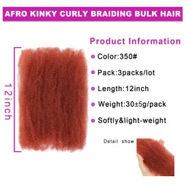 Afro Kinky Curly Braiding Hair for Dreadlock Extensions Repair Locs 3 Packs Synthetic Afro Kinkys Bulk Hair Bundles Micro Spring Afro Twist Hair Bulk for Mini Twist Hair (350#, 12 Inch)