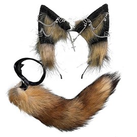 VIGVAN Wolf Ear Headband and Tail Set Fluffy Plush Wolf Cosplay Costumes (Brown Black)