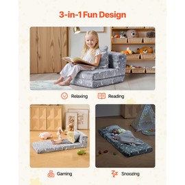 VEVOR 3-in-1 Kids Sofa, Foldable Toddler Soft Couch, Glow in The Dark Kids Couch Fold Out with 28D Sponge & Flannel Fabric, Convertible Toddler Chair to Lounger for Reading, Playing, Gaming, M, Gray