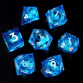 YEMEKO Handmade Liquid DND Dice Set, Liquid Core DND Dice Quicksand Ball, 7 Accessories Dice for Dungeons and Dragons, RPG Polyhedral Resin Sharp Edge Dice Roleplaying （Liquid Blue ）